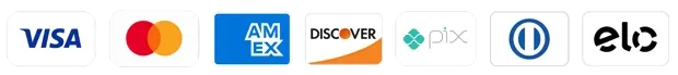Formas de pagamento aceitas: Visa, Mastercard, Amex, Discover, Pix, Diners e Elo